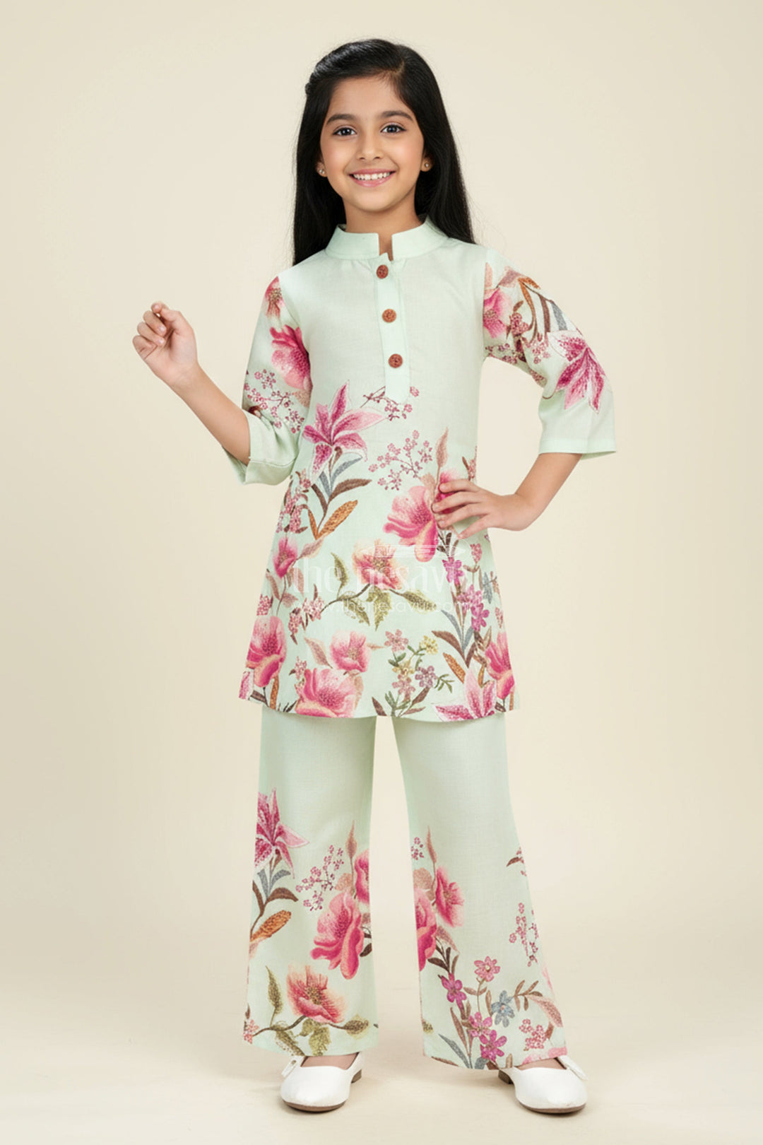 The Nesavu Girls Co-Ord Sets Cotton Sharara Set for Girls with Floral Digital Print Nesavu 24 (5Y) / Green GPS676A-24 Nesavu green floral digital print cotton sharara set for girls breathable festive ethnic wear