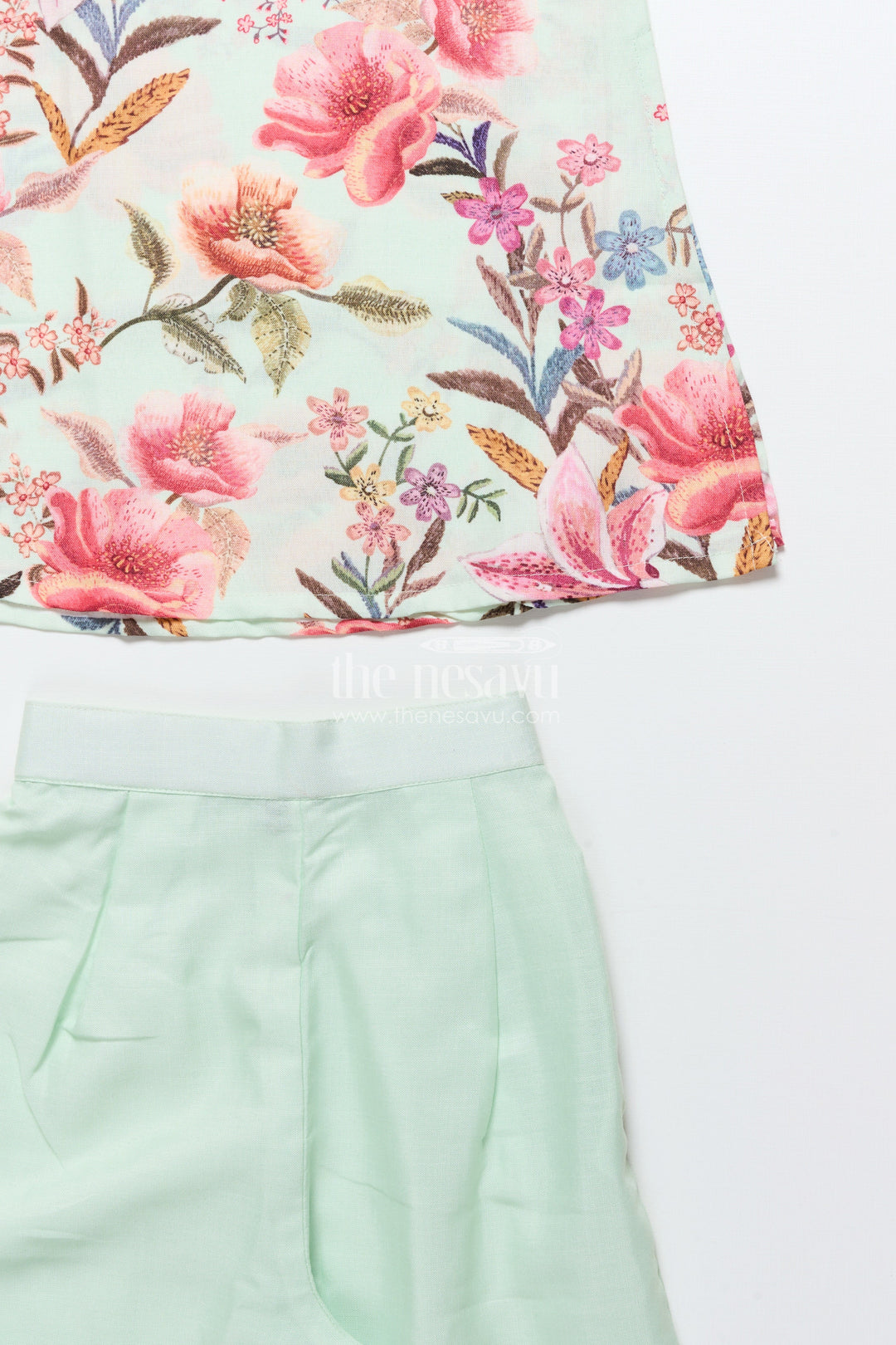 The Nesavu Girls Co-Ord Sets Cotton Sharara Set for Girls with Floral Digital Print Nesavu Nesavu green floral digital print cotton sharara set for girls breathable festive ethnic wear