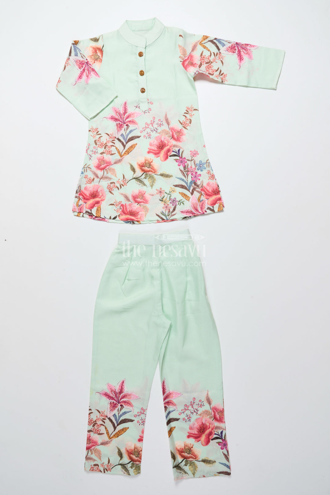 The Nesavu Girls Co-Ord Sets Cotton Sharara Set for Girls with Floral Digital Print Nesavu Nesavu green floral digital print cotton sharara set for girls breathable festive ethnic wear