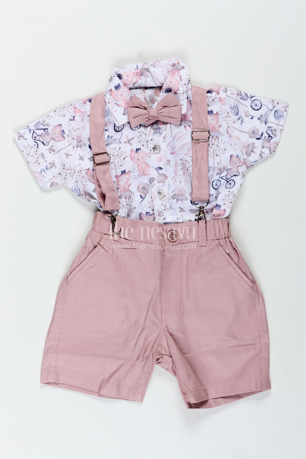 The Nesavu Boys Casual Set Cotton Shirt and Shorts Sets for Boys with Whimsical Forest Animal Print and Pink Suspenders Nesavu 12 (3M) / Peach BCS319A-12 Nesavu Cotton Shirt Shorts Sets Boys Pastel Animal Print Dusty Pink Suspenders