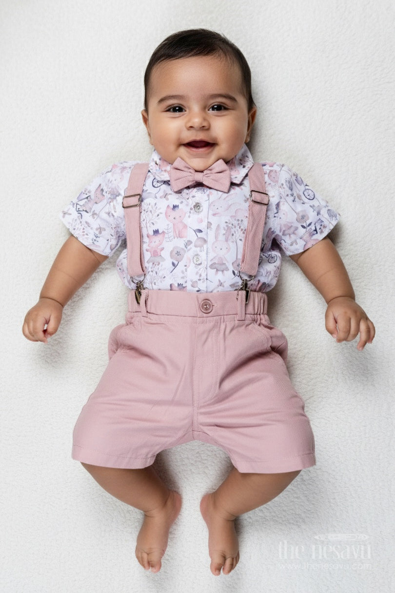The Nesavu Boys Casual Set Cotton Shirt and Shorts Sets for Boys with Whimsical Forest Animal Print and Pink Suspenders Nesavu 12 (3M) / Peach BCS319A-12 Nesavu Cotton Shirt Shorts Sets Boys Pastel Animal Print Dusty Pink Suspenders