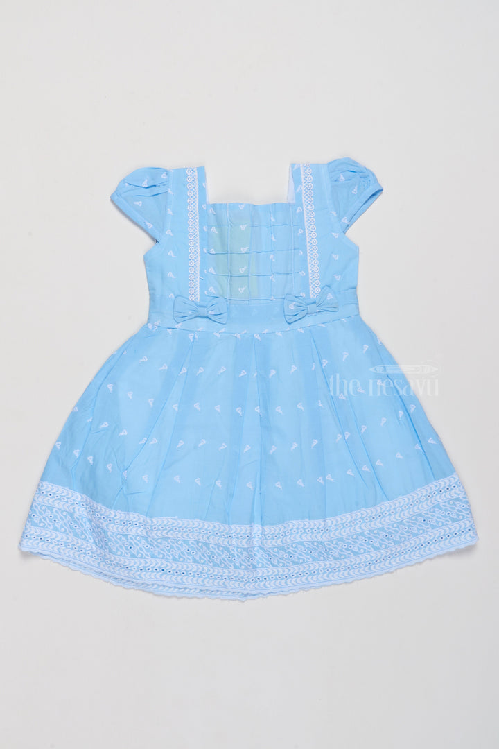 The Nesavu Girls Cotton Frock Cotton Short Frock for Girls with Elegant Lace Trim and Pleated Skirt Nesavu 20 (3Y) / Blue GFC1546C-20 Nesavu Cotton Short Girls Frock Lace Trim Bows  Ideal Family Functions