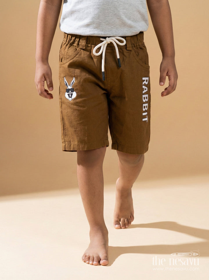The Nesavu Boys Shorts Cotton Shorts for Boys with Rabbit Print and Elastic Fit Nesavu 14 (6M) / Brown / Cotton BWS066H-14 Kids cotton shorts for boys with rabbit cartoon print and practical pockets
