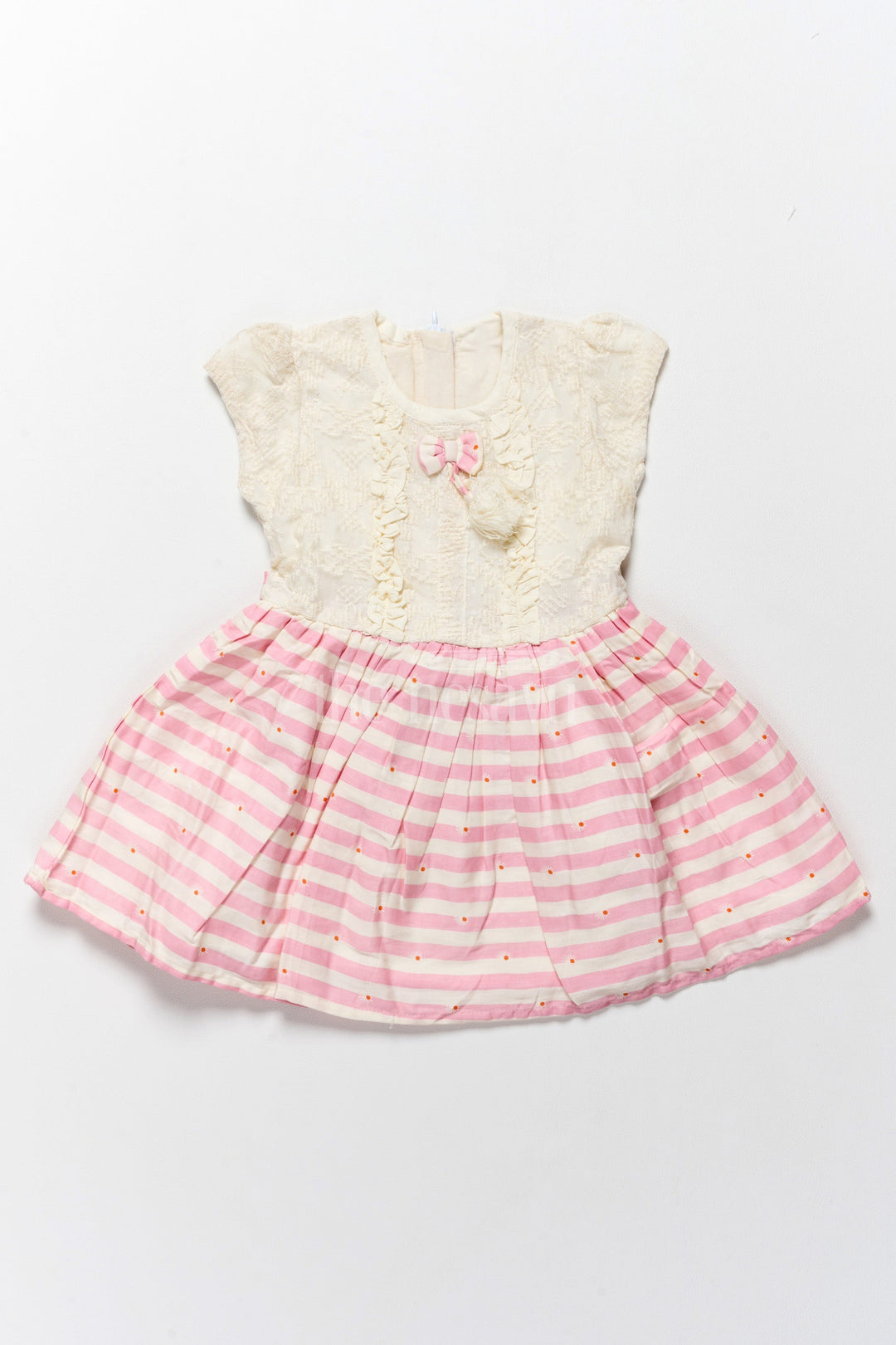 The Nesavu Girls Cotton Frock Cotton Simple Frock for Girls with White Lace Bodice and Pink Striped Skirt – Adorable Everyday Wear Nesavu 12 (3M) / White GFC1492A-12 Nesavu Cotton Simple Frock White Lace Bodice Pink Striped Skirt  Cute Comfortable