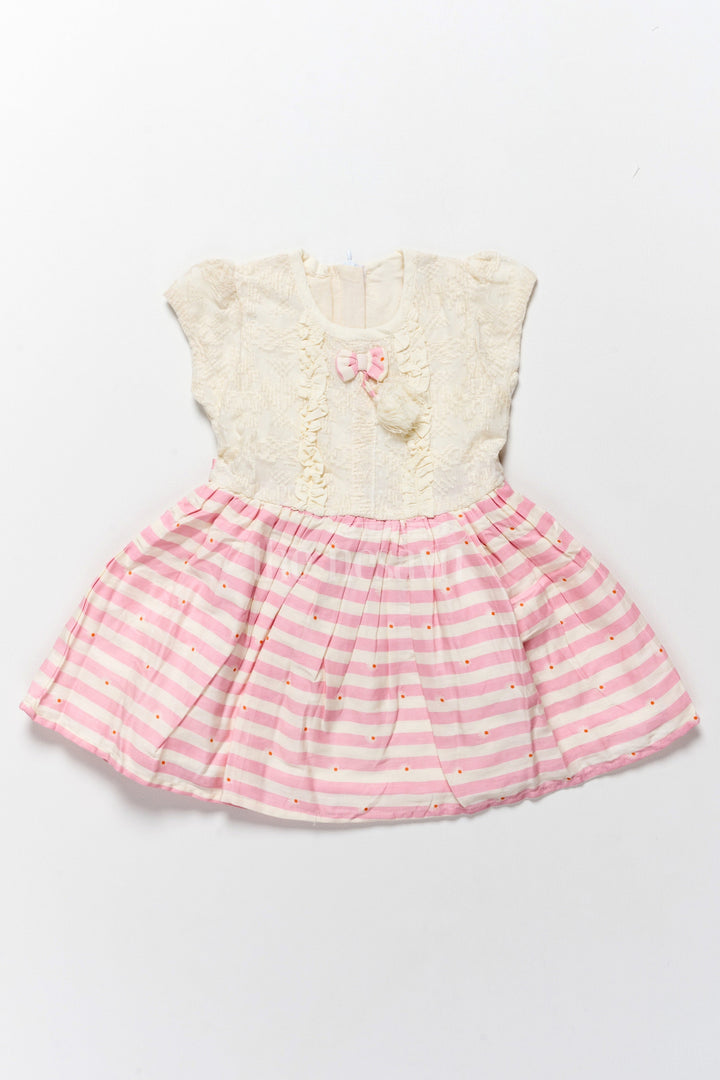 The Nesavu Girls Cotton Frock Cotton Simple Frock for Girls with White Lace Bodice and Pink Striped Skirt – Adorable Everyday Wear Nesavu 12 (3M) / White GFC1492A-12 Nesavu Cotton Simple Frock White Lace Bodice Pink Striped Skirt  Cute Comfortable