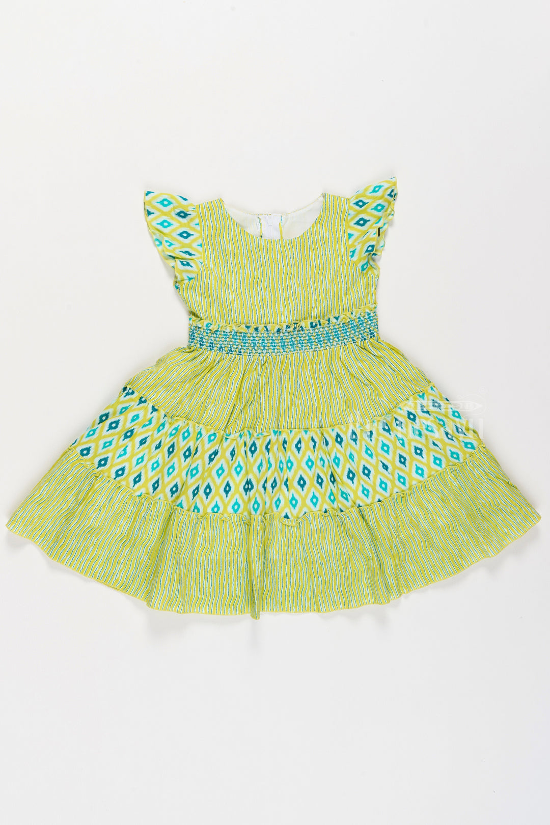 The Nesavu Girls Cotton Frock Cotton Umbrella Frock for Girls with Ikat Print and Pleated Skirt Nesavu 20 (3Y) / Green GFC1501B-20 Cotton Umbrella Frock Girls Green Blue Ikat Print | The Nesavu
