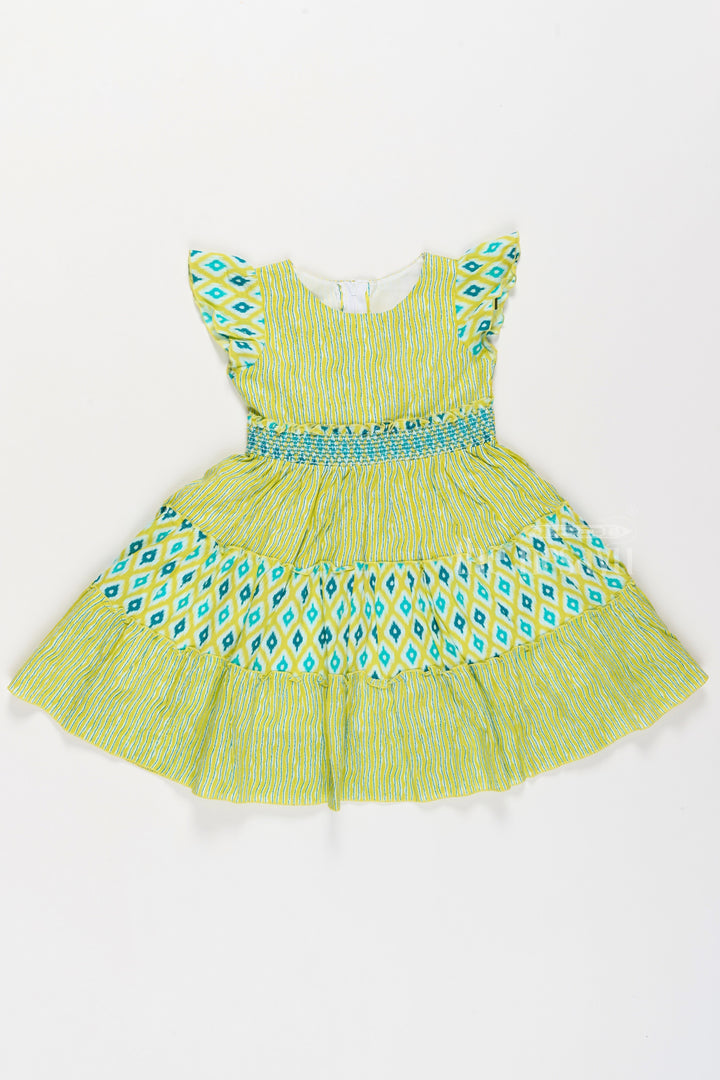 The Nesavu Girls Cotton Frock Cotton Umbrella Frock for Girls with Ikat Print and Pleated Skirt Nesavu 20 (3Y) / Green GFC1501B-20 Cotton Umbrella Frock Girls Green Blue Ikat Print | The Nesavu