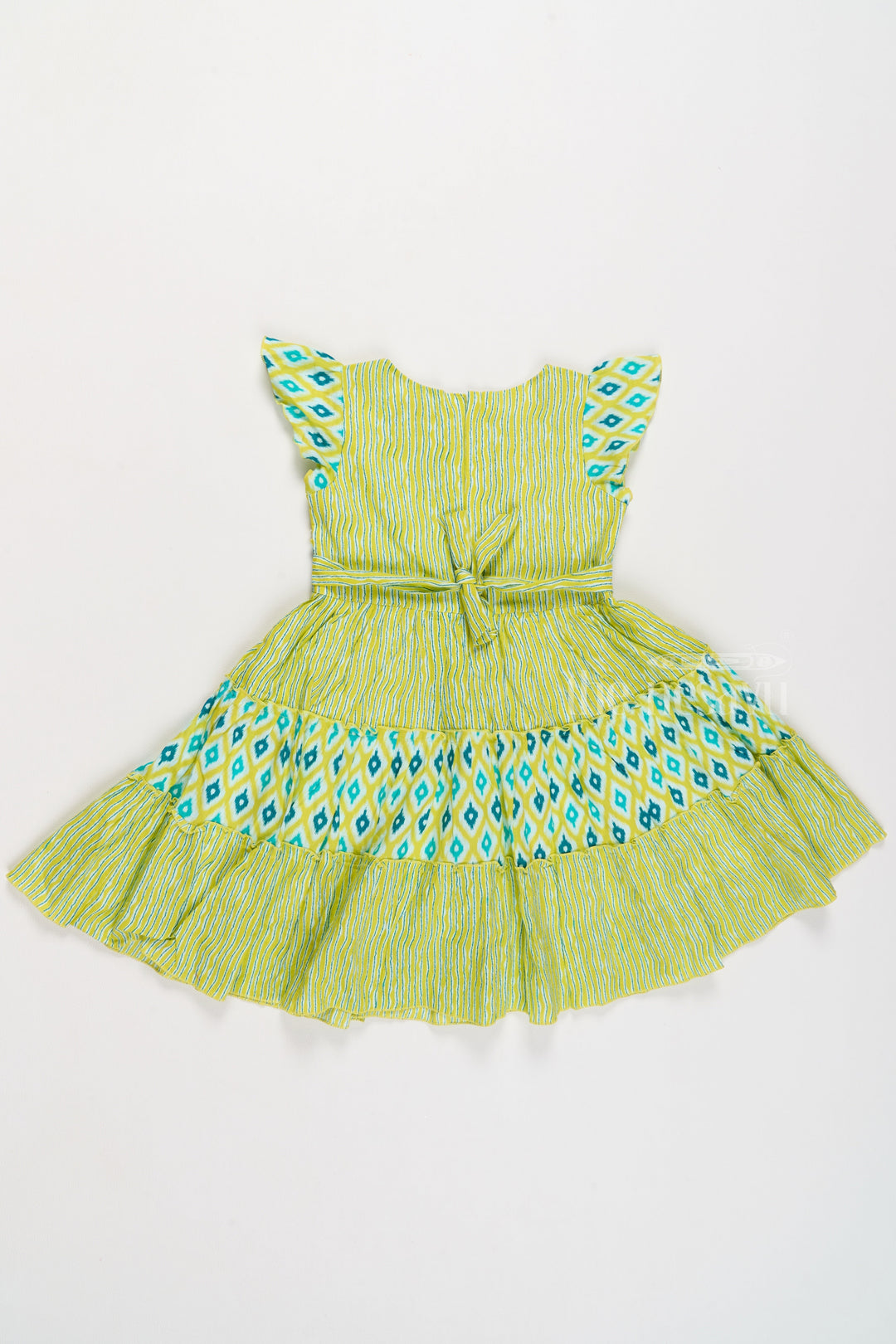 The Nesavu Girls Cotton Frock Cotton Umbrella Frock for Girls with Ikat Print and Pleated Skirt Nesavu Cotton Umbrella Frock Girls Green Blue Ikat Print | The Nesavu