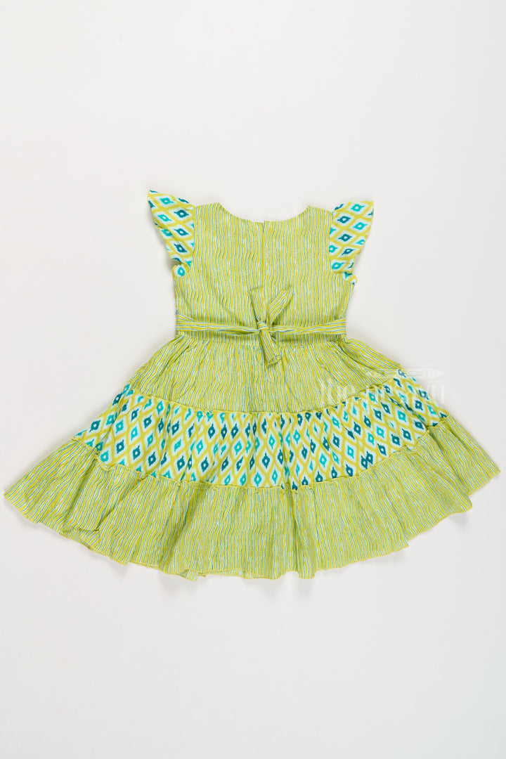 The Nesavu Girls Cotton Frock Cotton Umbrella Frock for Girls with Ikat Print and Pleated Skirt Nesavu Cotton Umbrella Frock Girls Green Blue Ikat Print | The Nesavu