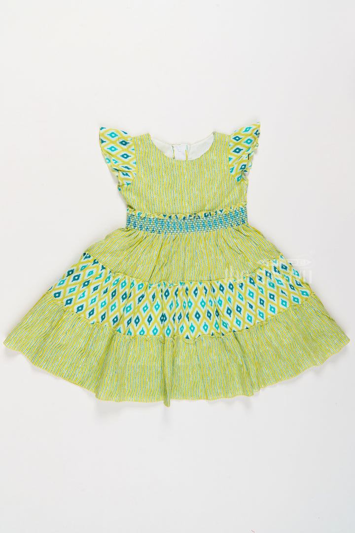 The Nesavu Girls Cotton Frock Cotton Umbrella Frock for Girls with Ikat Print and Pleated Skirt Nesavu Cotton Umbrella Frock Girls Green Blue Ikat Print | The Nesavu