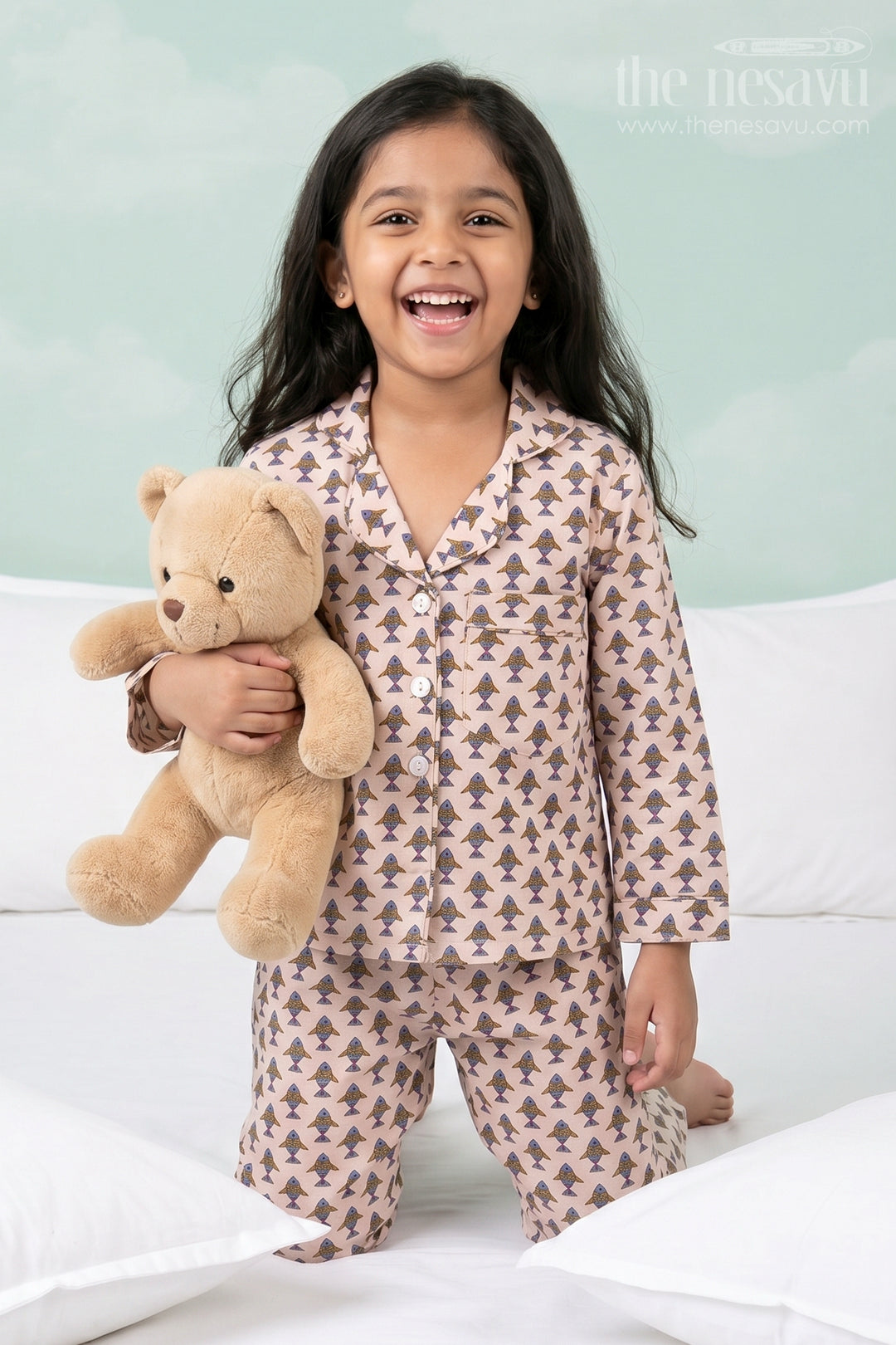 The Nesavu Night Dress Cozy Pure Cotton Girls’ Co-Ord Set with Playful Jaipur Hand Block Print Nesavu 16 (1Y) / Beige NS038A-16 Cozy Pure Cotton Girls’ Co-Ord Set with Jaipur Hand Block Print