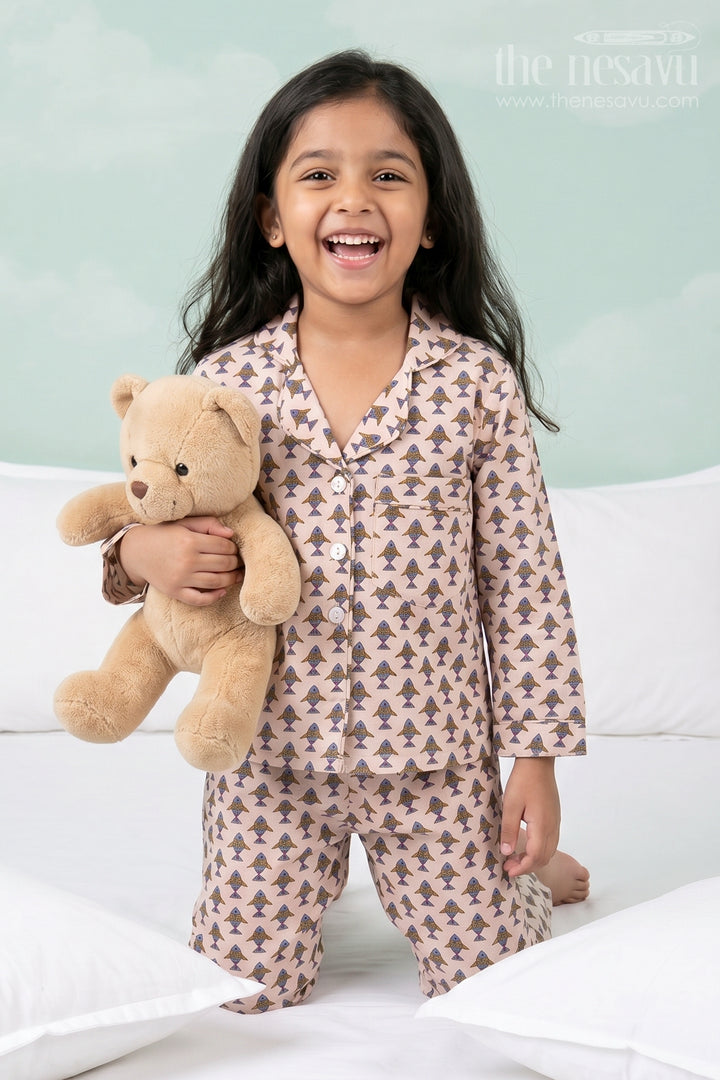 The Nesavu Night Dress Cozy Pure Cotton Girls’ Co-Ord Set with Playful Jaipur Hand Block Print Nesavu 16 (1Y) / Beige NS038A-16 Cozy Pure Cotton Girls’ Co-Ord Set with Jaipur Hand Block Print