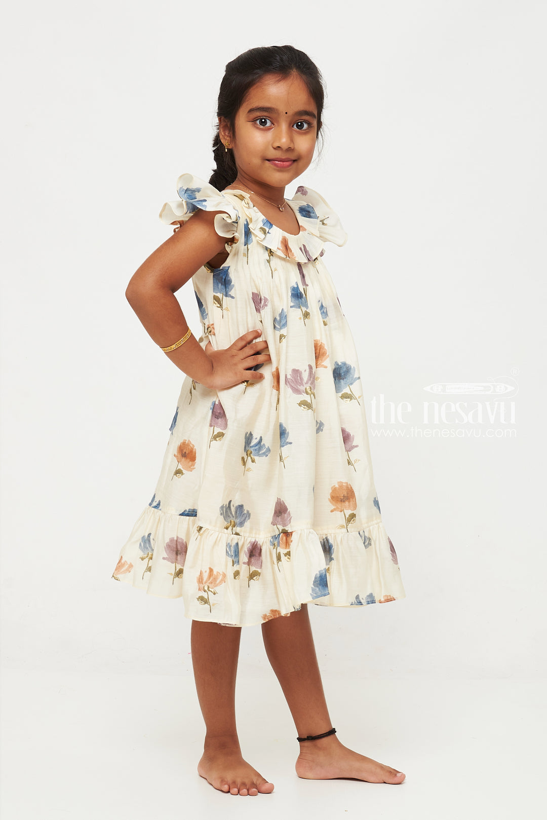 The Nesavu Girls Chanderi Frock Cream and Blue Floral Designer Printed Chanderi Pleated Frock for Girls Nesavu Cream and Blue Floral Chanderi Pleated Frock for Girls - Charming & Sophisticated | The Nesavu