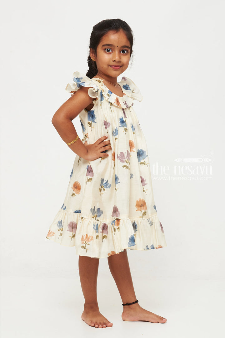 The Nesavu Girls Chanderi Frock Cream and Blue Floral Designer Printed Chanderi Pleated Frock for Girls Nesavu Cream and Blue Floral Chanderi Pleated Frock for Girls - Charming & Sophisticated | The Nesavu