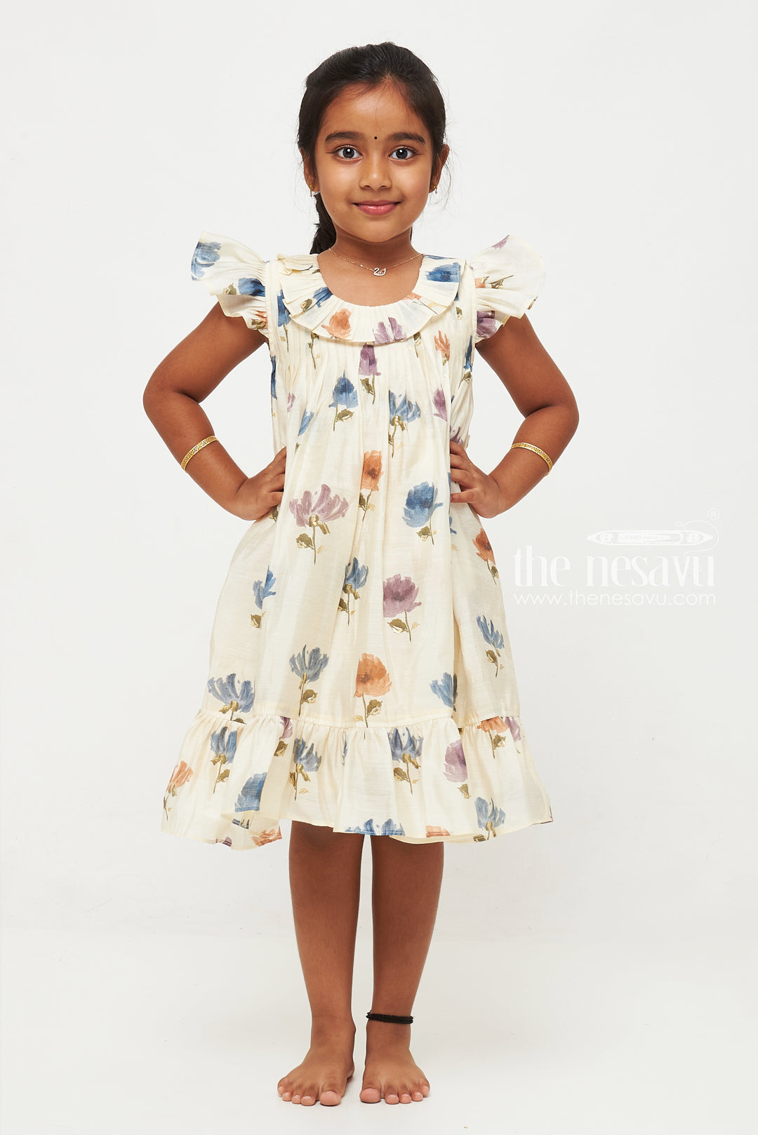 The Nesavu Girls Chanderi Frock Cream and Blue Floral Designer Printed Chanderi Pleated Frock for Girls Nesavu Cream and Blue Floral Chanderi Pleated Frock for Girls - Charming & Sophisticated | The Nesavu