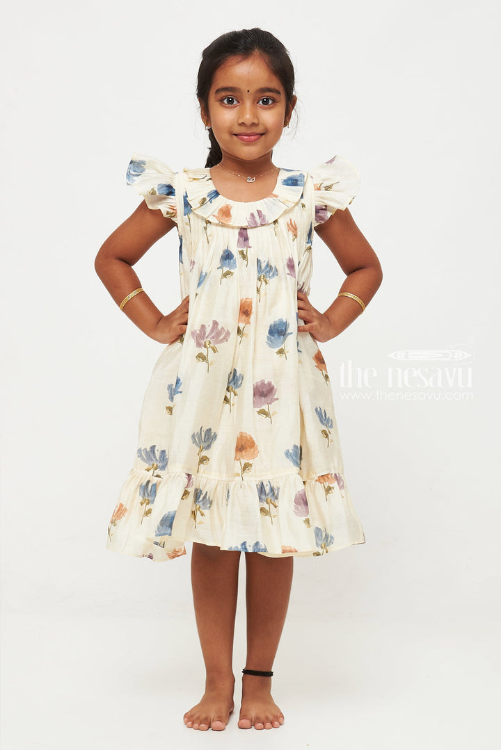 The Nesavu Girls Fancy Frock Cream and Blue Floral Designer Printed Chanderi Pleated Frock for Girls Nesavu Cream and Blue Floral Chanderi Pleated Frock for Girls - Charming & Sophisticated