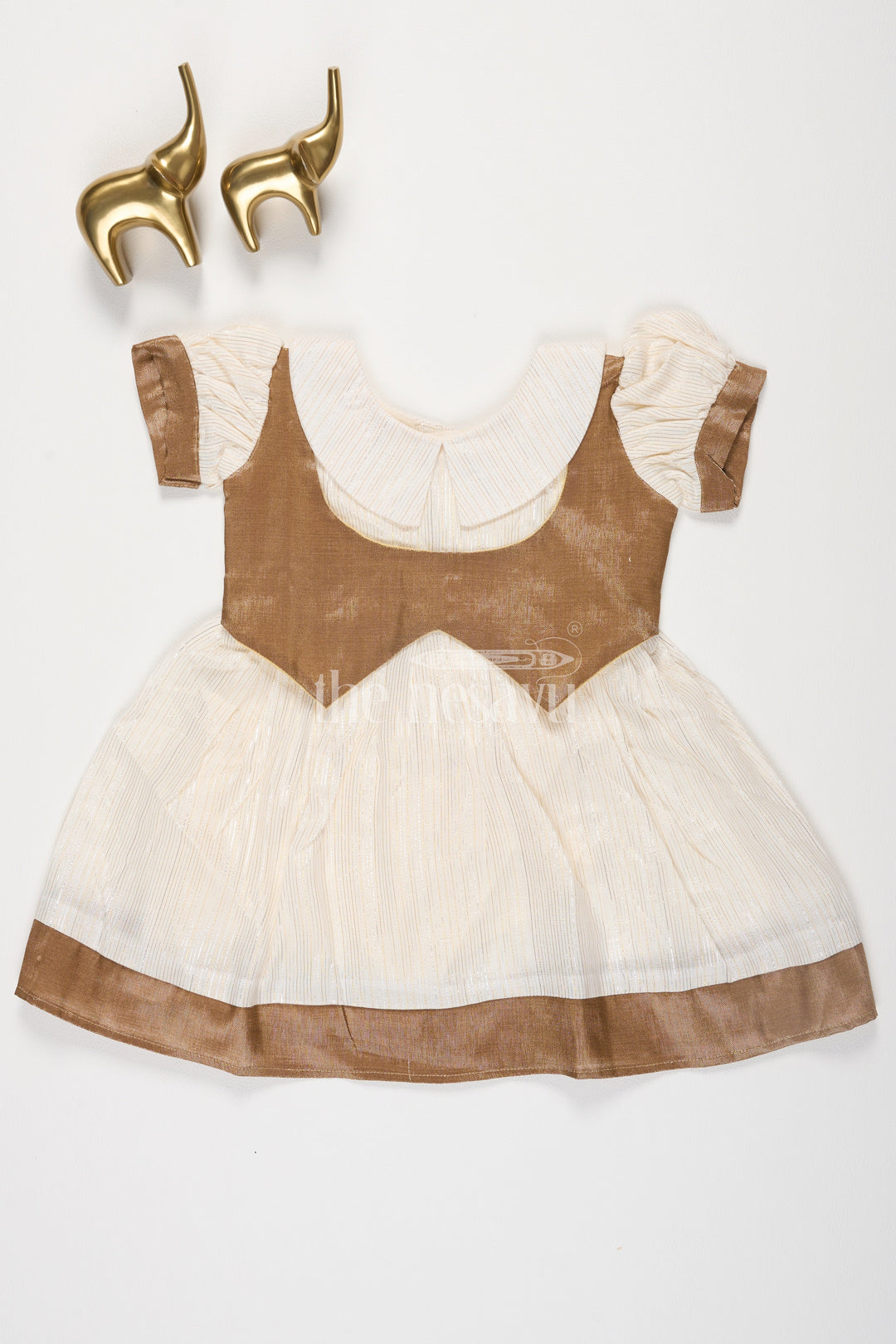 The Nesavu Girls Cotton Frock Cream and Gold Lurex Frock with Cutaway Collar and Waistcoat Jacket for Girls Nesavu 14 (6M) / Cream GFC1388A-14 Cream and Gold Lurex Frock with Cutaway Collar and Waistcoat Jacket for Girls Nesavu