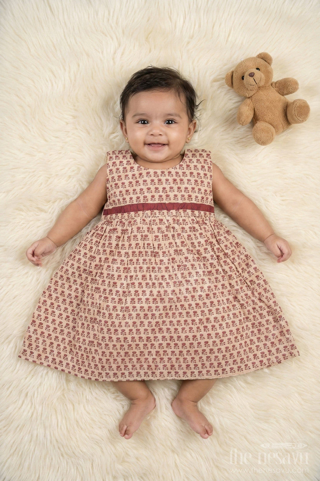 The Nesavu Baby Cotton Frocks Cream and Maroon Floral Print Cotton Baby Frock for Girls with Pleated Design Nesavu 10 (NB) / Cream BFJ561A-10 Cream and Maroon Floral Print Cotton Baby Frock for Girls with Pleated Design Nesavu