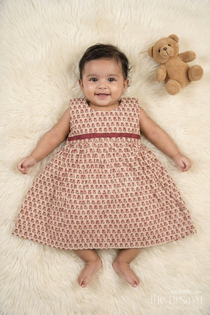 The Nesavu Baby Cotton Frocks Cream and Maroon Floral Print Cotton Baby Frock for Girls with Pleated Design Nesavu 10 (NB) / Cream BFJ561A-10 Cream and Maroon Floral Print Cotton Baby Frock for Girls with Pleated Design Nesavu