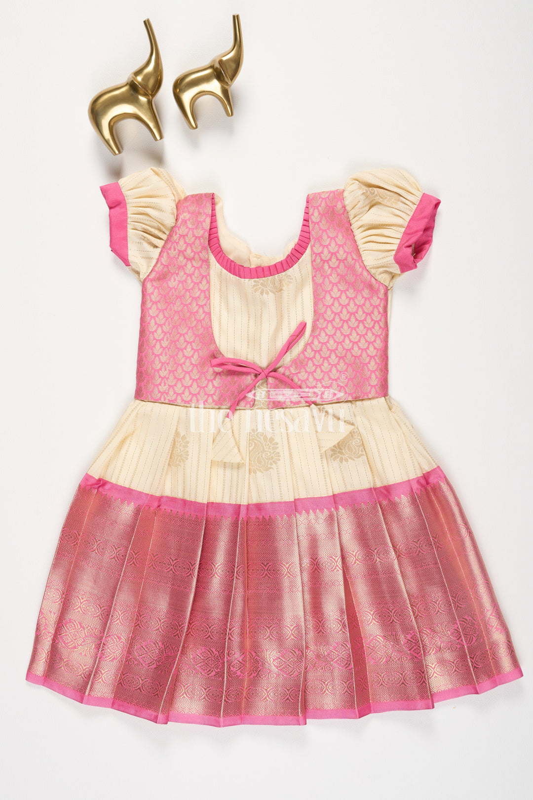 The Nesavu Girls Kanchi Silk Frock Cream and Pink Semi Kanchivaram Silk Frock with Brocade Bodice and Puff Sleeves for Girls Nesavu 18 (2Y) / Pink / Style 1 SF861AA-18 Nesavu Girls Semi Kanchivaram Silk Frock Cream Pink Brocade Bodice Puff Sleeves