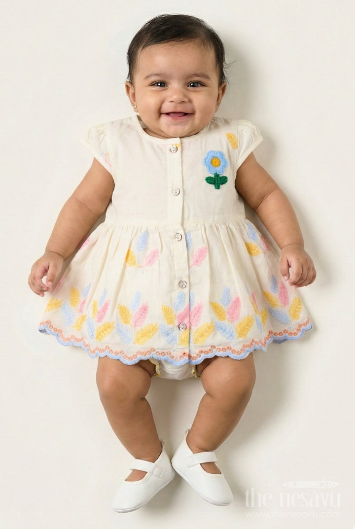 The Nesavu Baby Frocks Cream Baby Frock with Pastel Thread Embroidery and Flower Patch Nesavu 14 (6M) / White BFJ850D-14 Nesavu cream cotton baby frock with pastel embroidery and flower patch
