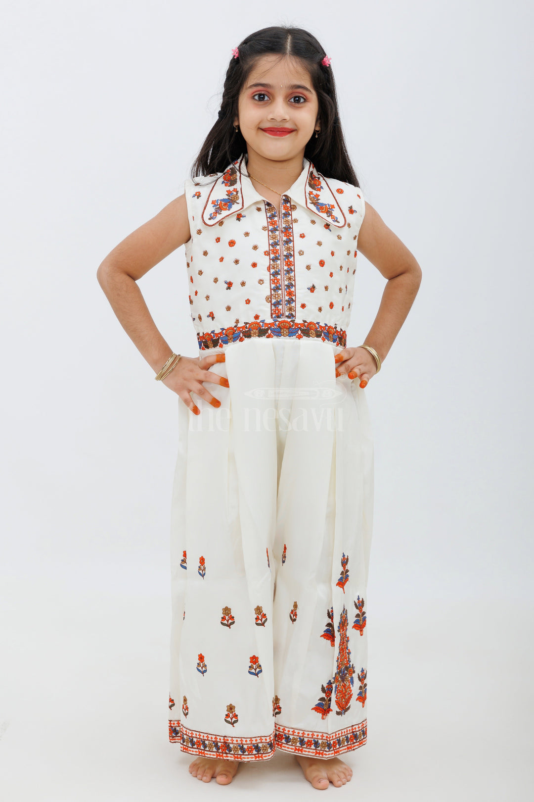 The Nesavu Girls Party Gown Cream Blend Silk Jumpsuit with Multicolor Embroidery Nesavu 24 (5Y) / Cream GPS371A-24 Cream Blend Silk Jumpsuit with Multicolor Embroidery - Nesavu