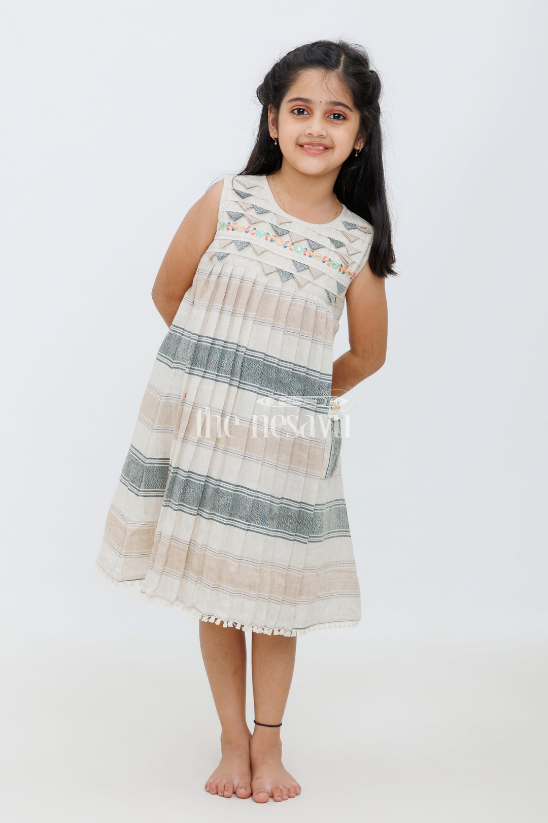 The Nesavu Girls Cotton Frock Cream Cotton ALine Frock with Horizontal Dobby Design and Embroidered Yoke for Girls Nesavu 22 (4Y) / Cream GFC1400A-22 Cream Cotton A-Line Frock with Embroidered Yoke and Dobby Design for Girls Nesavu