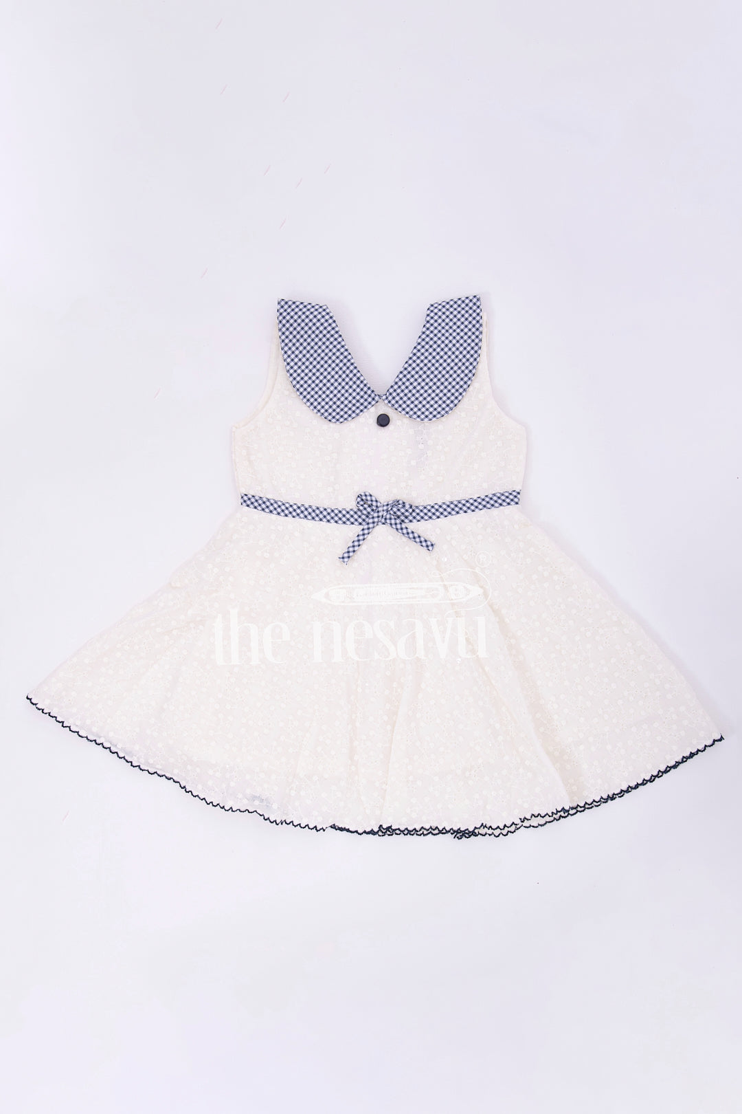 The Nesavu Baby Cotton Frocks Cream Cotton Chikankari Embroidered Frock with Blue Checked Collar for Babies Nesavu 14 (6M) / Cream BFJ596A-14 Cream Cotton Chikankari Embroidered Baby Frock with Blue Collar - Nesavu