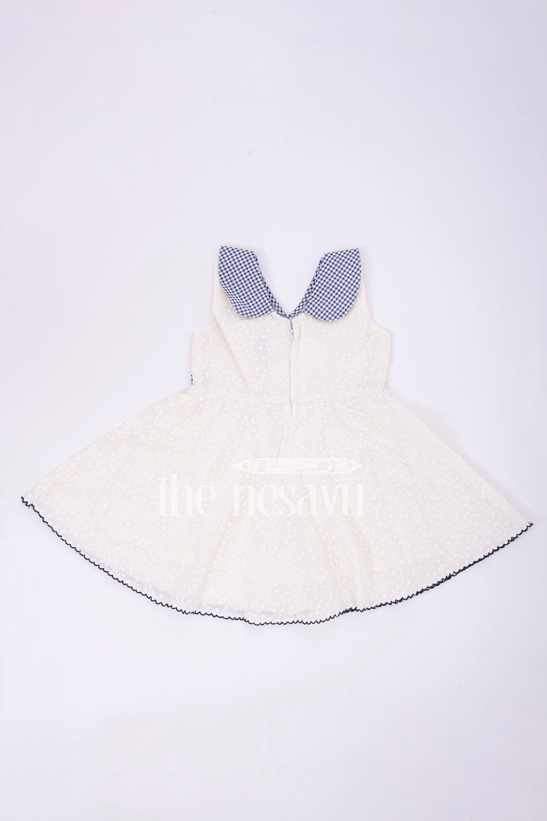 The Nesavu Baby Cotton Frocks Cream Cotton Chikankari Embroidered Frock with Blue Checked Collar for Babies Nesavu Cream Cotton Chikankari Embroidered Baby Frock with Blue Collar - Nesavu