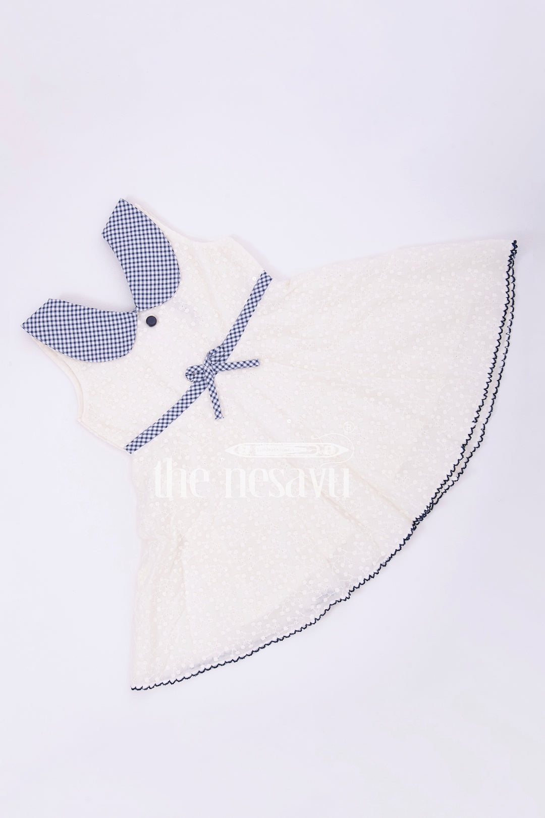 The Nesavu Baby Cotton Frocks Cream Cotton Chikankari Embroidered Frock with Blue Checked Collar for Babies Nesavu Cream Cotton Chikankari Embroidered Baby Frock with Blue Collar - Nesavu