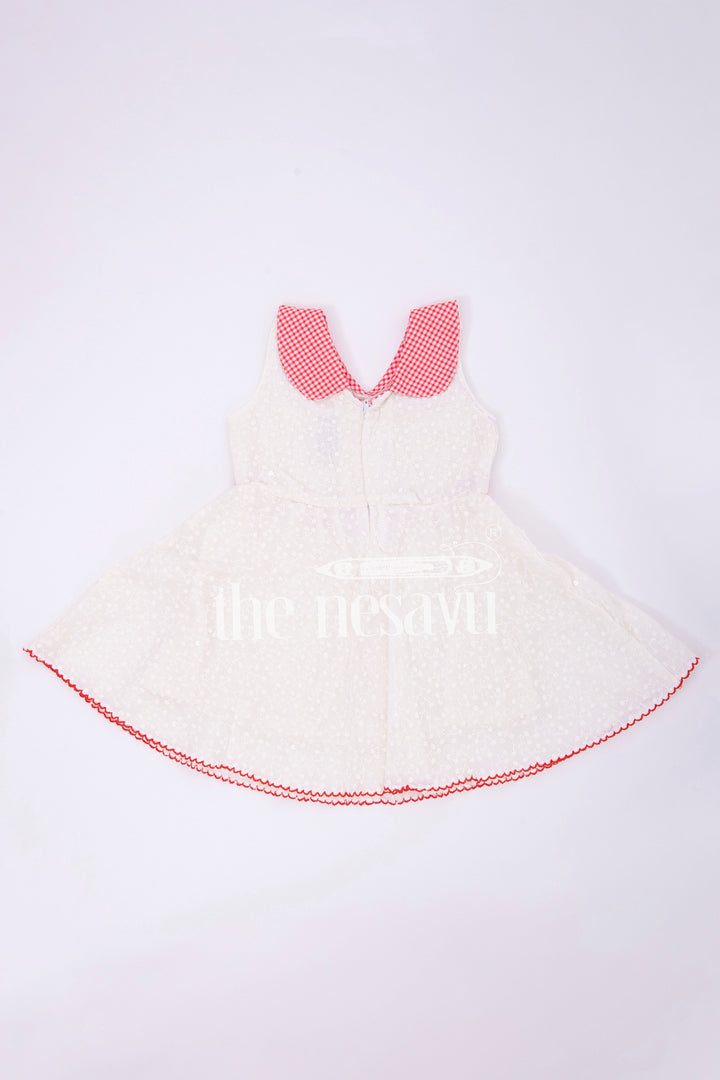 The Nesavu Baby Cotton Frocks Cream Cotton Chikankari Embroidered Frock with Red Checked Collar for Babies Nesavu 14 (6M) / Cream BFJ596B-14 Cream Cotton Chikankari Embroidered Baby Frock with Red Collar - Nesavu