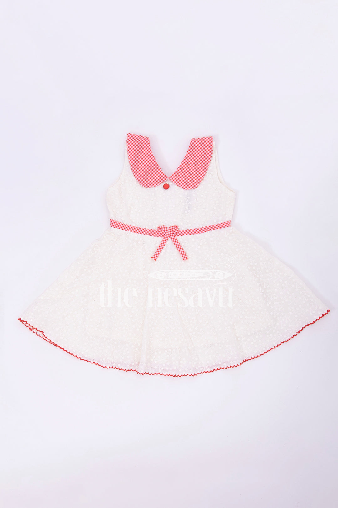 The Nesavu Baby Cotton Frocks Cream Cotton Chikankari Embroidered Frock with Red Checked Collar for Babies Nesavu Cream Cotton Chikankari Embroidered Baby Frock with Red Collar - Nesavu