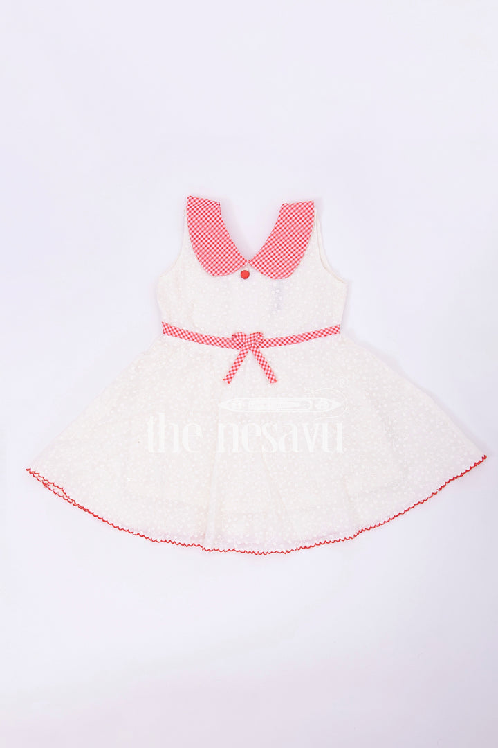 The Nesavu Baby Cotton Frocks Cream Cotton Chikankari Embroidered Frock with Red Checked Collar for Babies Nesavu Cream Cotton Chikankari Embroidered Baby Frock with Red Collar - Nesavu