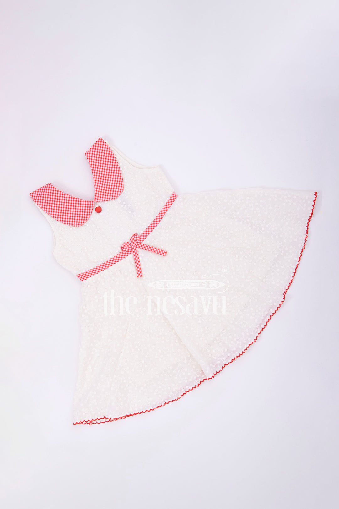 The Nesavu Baby Cotton Frocks Cream Cotton Chikankari Embroidered Frock with Red Checked Collar for Babies Nesavu Cream Cotton Chikankari Embroidered Baby Frock with Red Collar - Nesavu