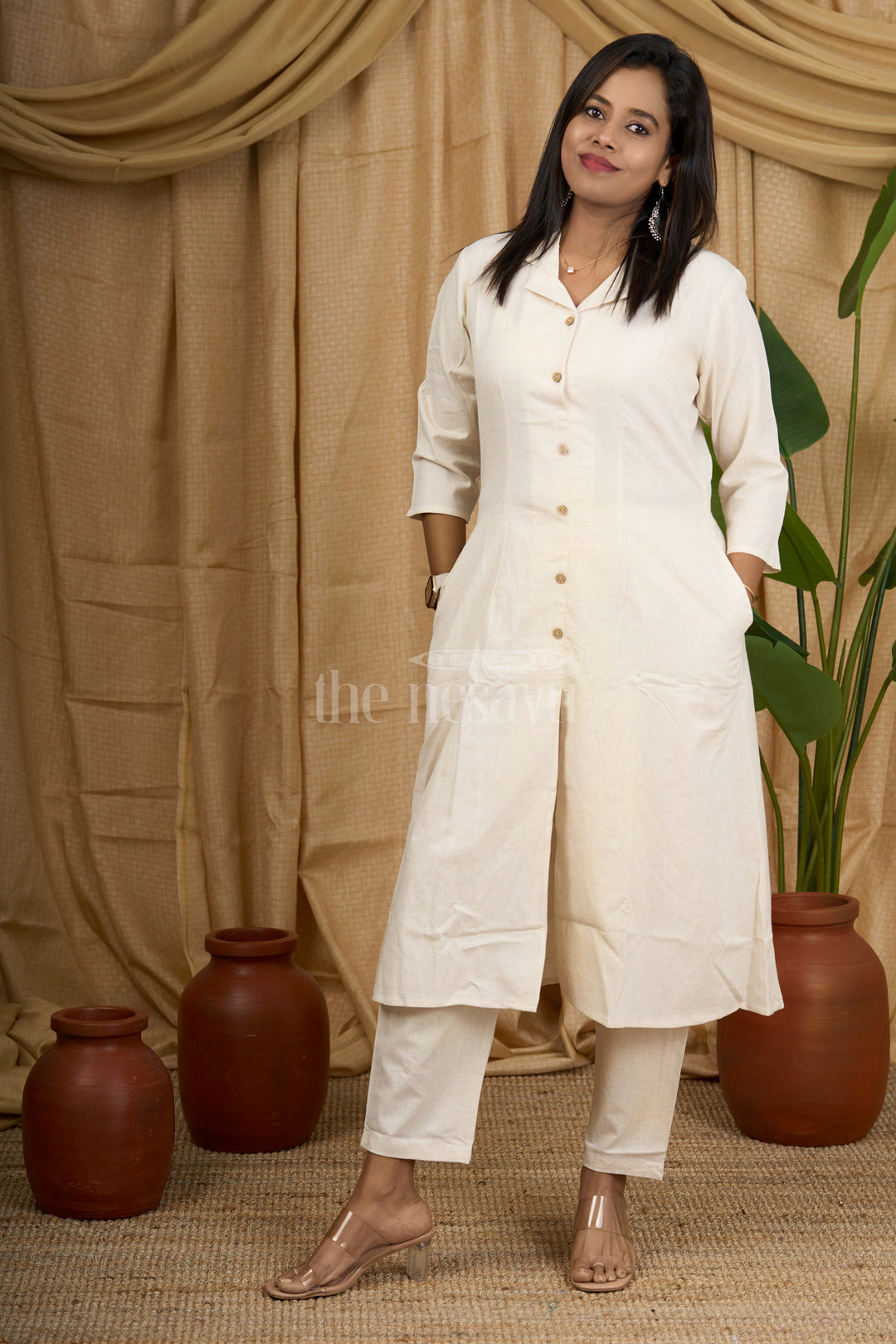 The Nesavu Womens Flared Kurthas Cream Cotton Kurta Co-Ord Set for Women with Wooden Buttons Nesavu 36 (S) / Cream WTW018A-36 Nesavu Cream Cotton Co-Ord Set Women Wooden Buttons