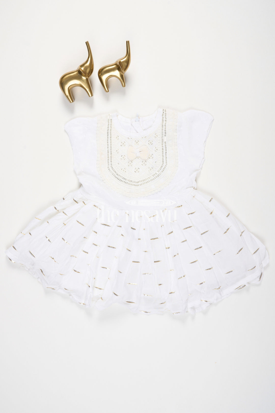 The Nesavu Baby Cotton Frocks Cream Cotton Modal Frock for Baby Girls with Sequins Embroidered Yoke Nesavu 12 (3M) / Cream / Style 1 BFJ624A-12 Cream Cotton Modal Frock for Baby Girls with Sequins Embroidered Yoke Nesavu