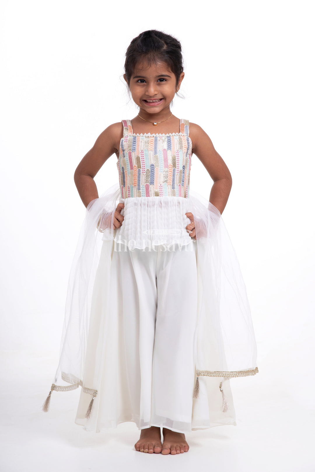 The Nesavu Girls Sharara / Plazo Set Cream Crop Top with Plazzo Set for Girls - Designer Embroidered Peplum Blouse & Crush Pleated Pants Nesavu 14 (6M) / Half white GPS329C-14 Cream Crop Top with Plazzo Set for Girls - Embroidered Peplum Blouse & Plazzo Pants