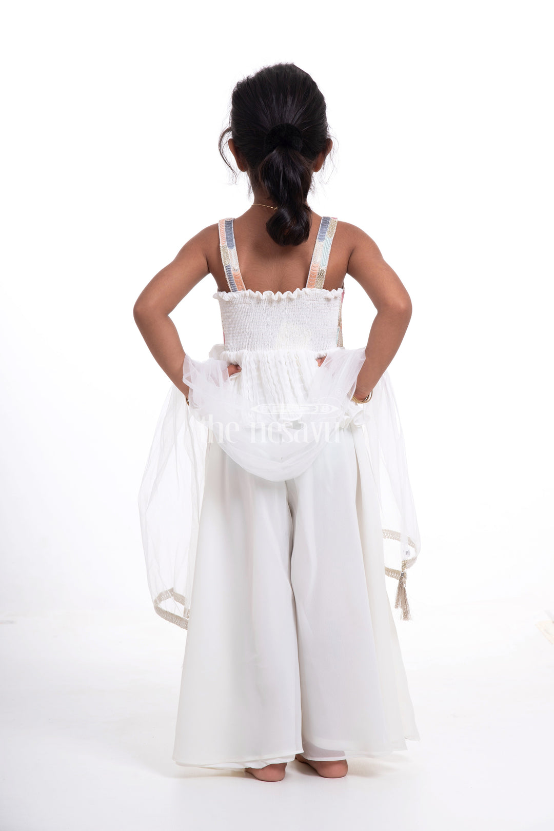 The Nesavu Girls Sharara / Plazo Set Cream Crop Top with Plazzo Set for Girls - Designer Embroidered Peplum Blouse & Crush Pleated Pants Nesavu Cream Crop Top with Plazzo Set for Girls - Embroidered Peplum Blouse & Plazzo Pants