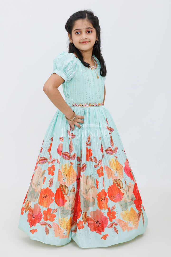 The Nesavu Girls Party Gown Cream Designer Floral Print Party Gown with Pleated Fabric for Girls Nesavu Cream Designer Floral Print Party Gown with Pleated Fabric for Girls Nesavu