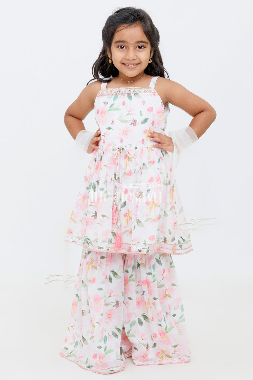 The Nesavu Girls Sharara / Plazo Set Cream Georgette Floral Peplum Top and Sharara Set for Girls with Tassel Detailing Nesavu 16 (1Y) / Cream GPS391A-16 Cream Floral Peplum Top and Sharara Set for Girls with Tassel Detailing Nesavu