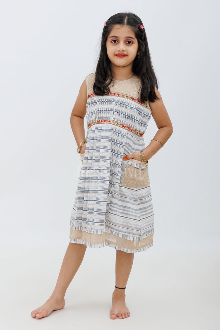 The Nesavu Girls Cotton Frock Cream Handloom Cotton Frock with Black and White Stripes Nesavu 22 (4Y) / Cream GFC1367A-22 Cream Handloom Cotton Frock with Black and White Stripes - Nesavu