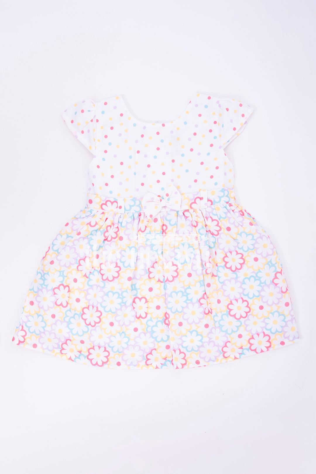 The Nesavu Baby Fancy Frock Cream Poly Blend Baby Frock with Multicolor Floral Print Nesavu 14 (6M) / Cream BFJ597A-14 Cream Poly Blend Baby Frock with Multicolor Floral Print - Nesavu