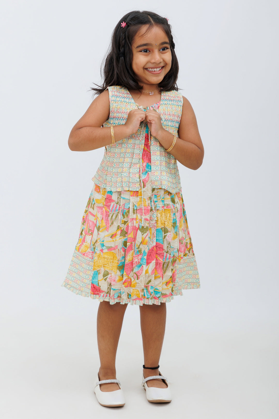 The Nesavu Girls Cotton Frock Cream Rayon Cotton Frock with Floral Print and VNeck Nesavu 22 (4Y) / Cream GFC1368A-22 Cream Rayon Cotton Frock with Floral Print and V-Neck - Nesavu