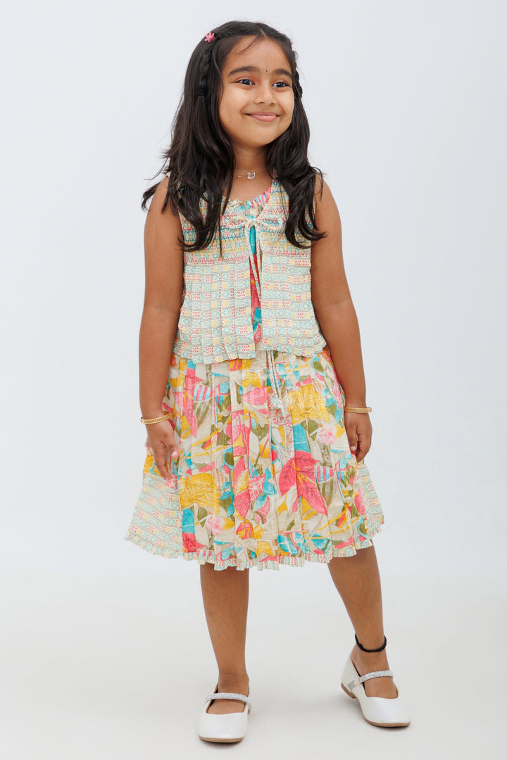 The Nesavu Girls Cotton Frock Cream Rayon Cotton Frock with Floral Print and VNeck Nesavu Cream Rayon Cotton Frock with Floral Print and V-Neck - Nesavu