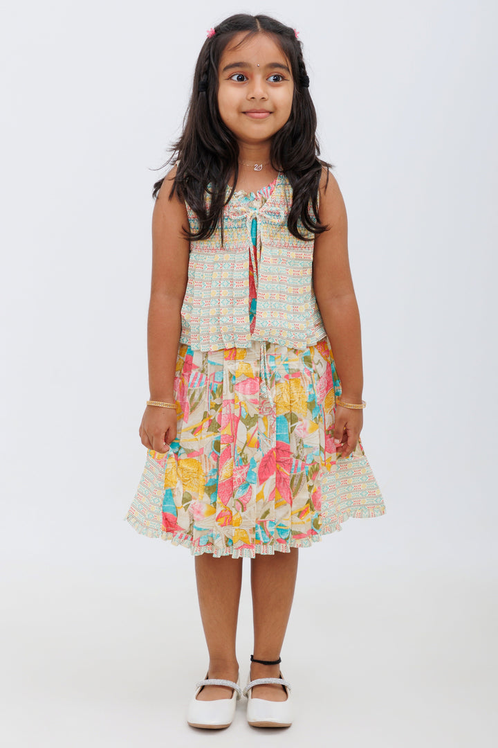 The Nesavu Girls Cotton Frock Cream Rayon Cotton Frock with Floral Print and VNeck Nesavu Cream Rayon Cotton Frock with Floral Print and V-Neck - Nesavu