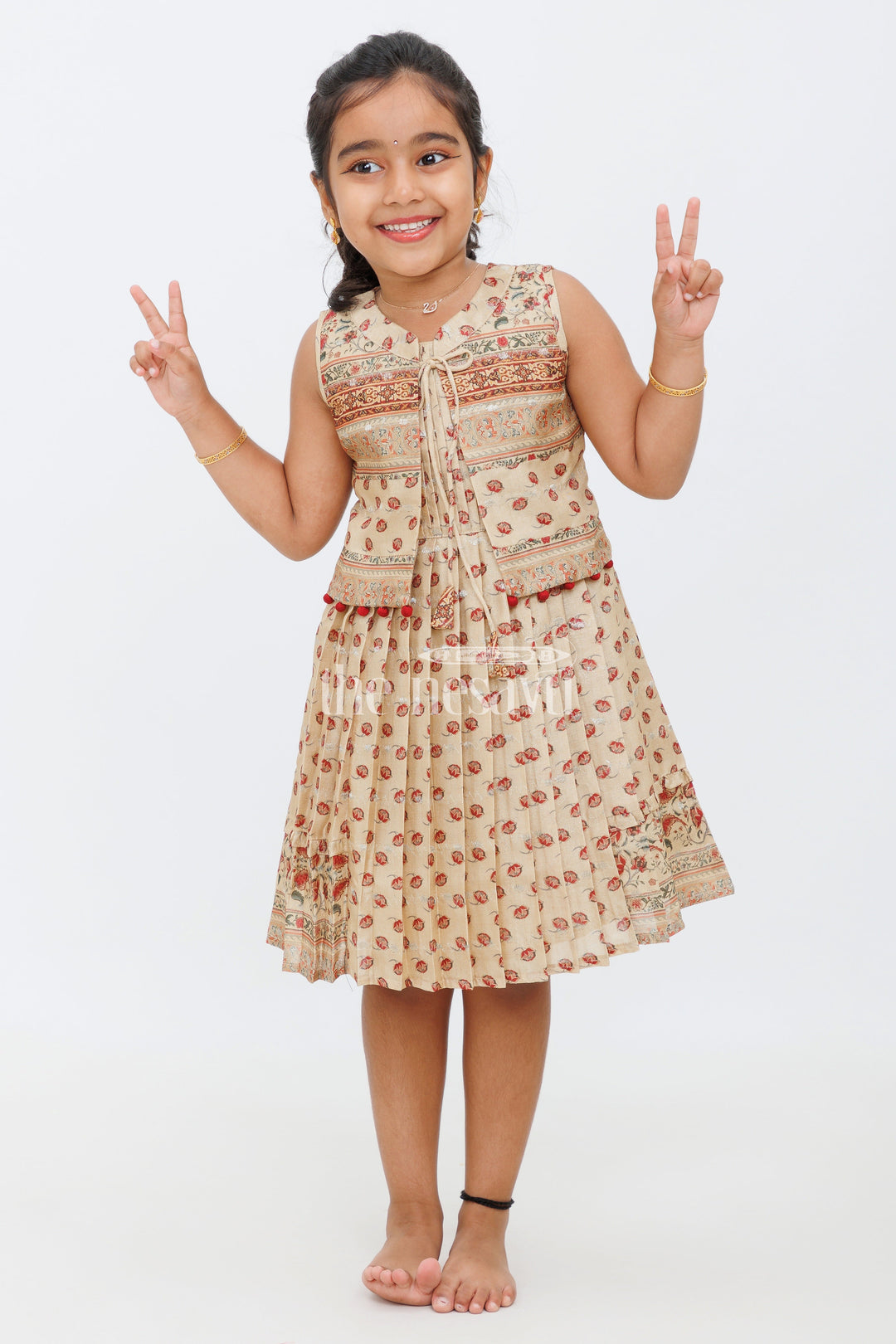 The Nesavu Girls Cotton Frock Cream SemiSilk Cotton Frock with Designer Print and Jacket for Girls Nesavu 22 (4Y) / Cream GFC1401A-22 Cream Semi-Silk Cotton Frock with Designer Print and Jacket for Girls Nesavu