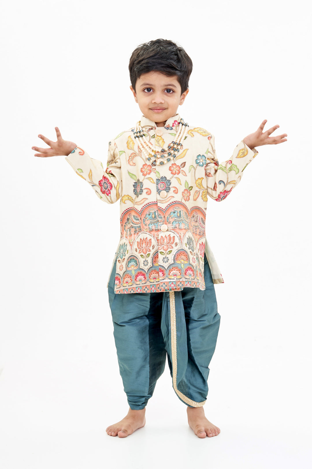The Nesavu Boys Sherwani Cream Sherwani with Royal Digital Print and Teal Dhoti for Boys Festive Wear Nesavu 14 (6M) / Cream BES636B-14 Boys Cream Sherwani Royal Digital Print Teal Dhoti Special Occasions | The Nesavu