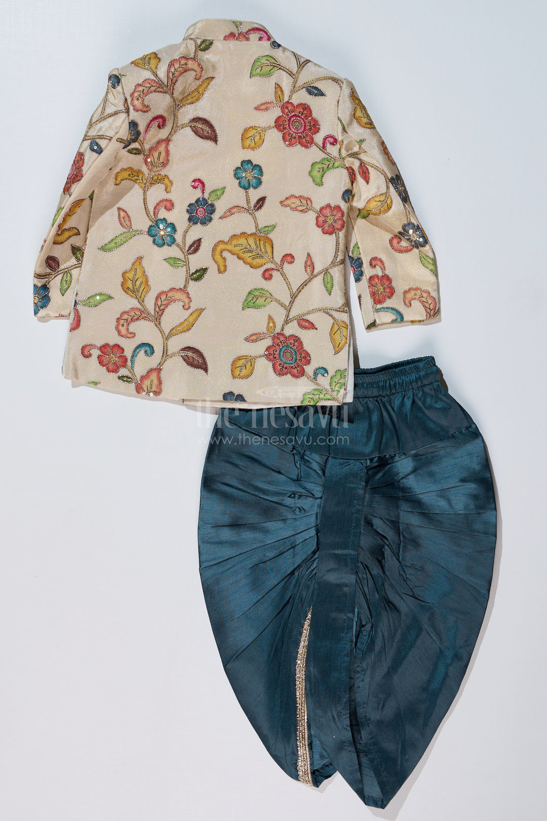 The Nesavu Boys Sherwani Cream Sherwani with Royal Digital Print and Teal Dhoti for Boys Festive Wear Nesavu Boys Cream Sherwani Royal Digital Print Teal Dhoti Special Occasions | The Nesavu