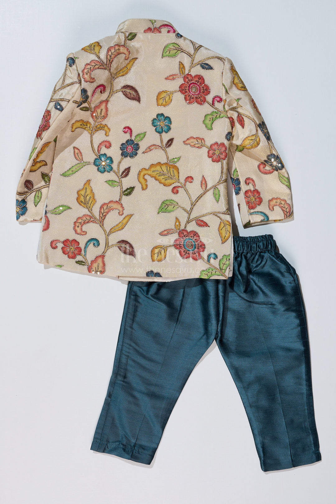 The Nesavu Boys Sherwani Cream Sherwani with Royal Digital Print and Teal Dhoti for Boys Festive Wear Nesavu Boys Cream Sherwani Royal Digital Print Teal Dhoti Special Occasions | The Nesavu