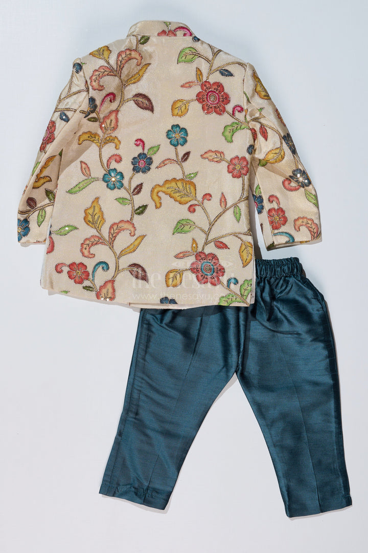 The Nesavu Boys Sherwani Cream Sherwani with Royal Digital Print and Teal Dhoti for Boys Festive Wear Nesavu Boys Cream Sherwani Royal Digital Print Teal Dhoti Special Occasions | The Nesavu